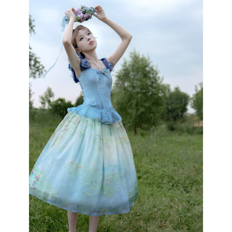 睡蓮の池の油彩画ビスチェとスカート - Ver2