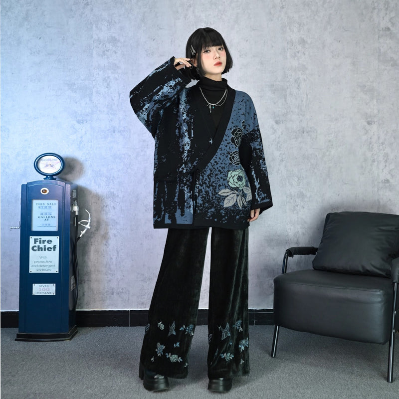 椿の花の刺繍アシンメトリーカーディガン