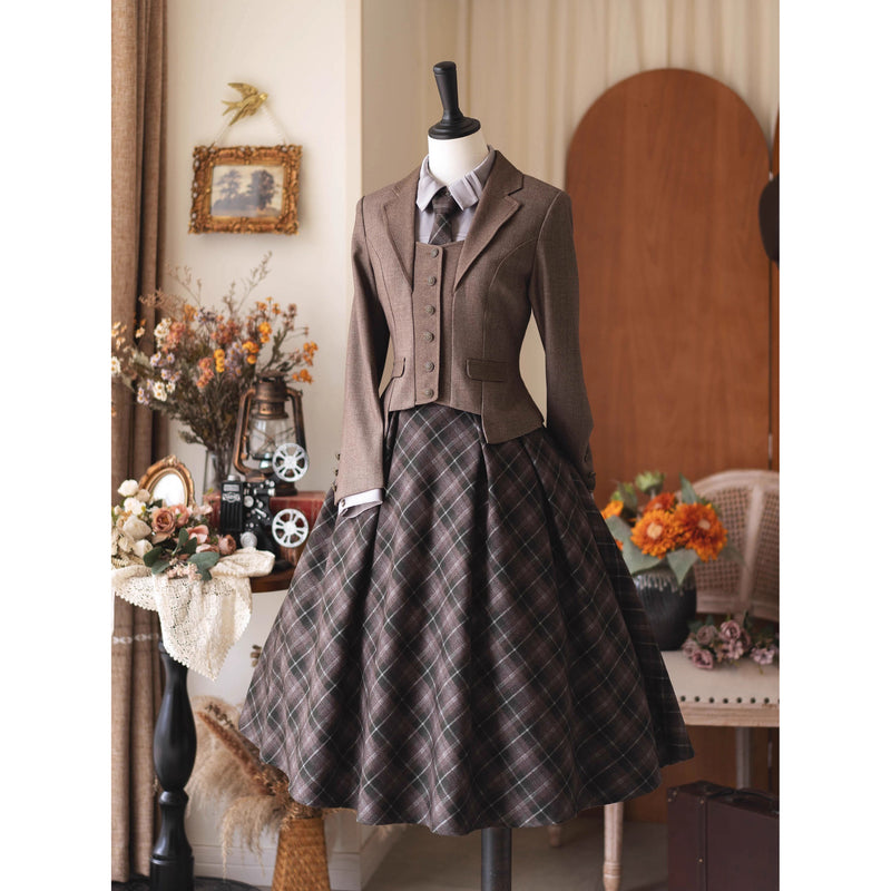 英国のお嬢様のクラシカルジャンパースカート - Olive Gray Checked[2025年12月中旬発送予定]