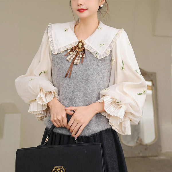 宮廷の花の刺繍ヴィクトリアンブラウスとニットベスト