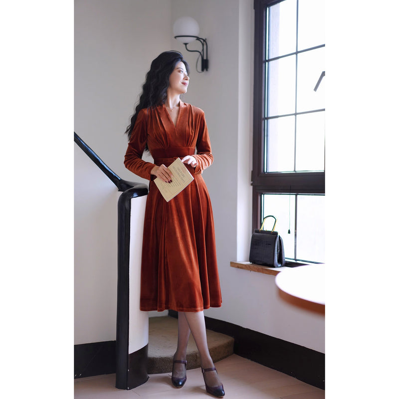 赤銅色の貴婦人ベルベットワンピース