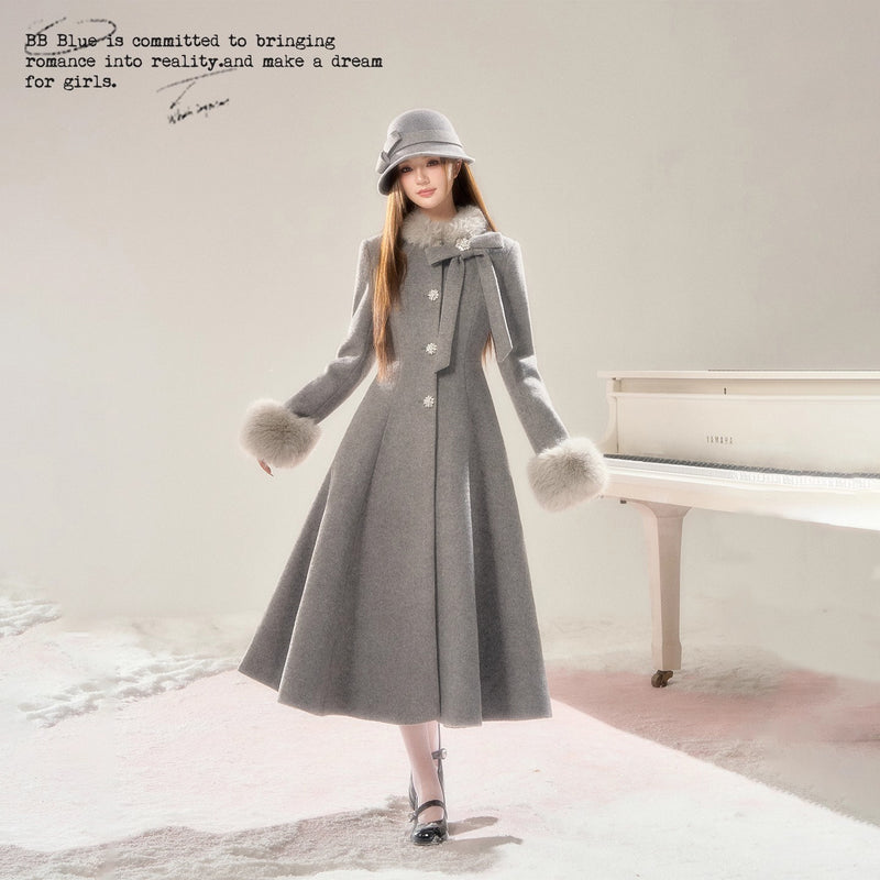 Movie Actress's Long Fur Wool Coat