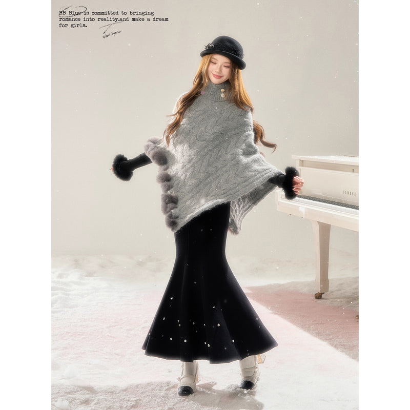 High-neck Knit Shawl Cape