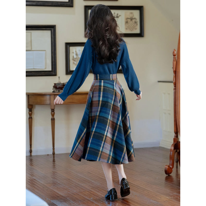 Blue-Brown Checkered Retro Skirt and Blue Knit Sweater
