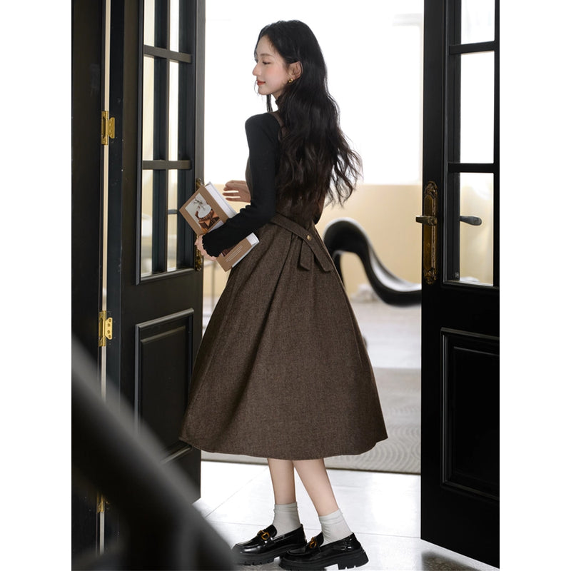 Dark Brown Jumper Skirt and Black Knit Top