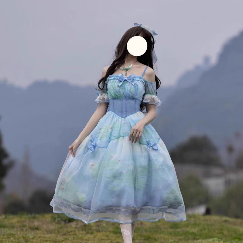 睡蓮の池の油彩画ジャンパースカート