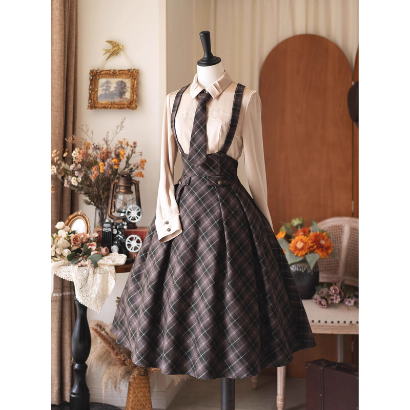 英国のお嬢様のクラシカルジャンパースカート - Olive Gray Checked[2025年12月中旬発送予定]