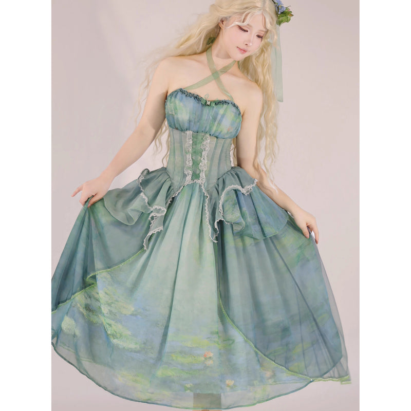睡蓮の池の油彩画ビスチェとスカート - Ver1