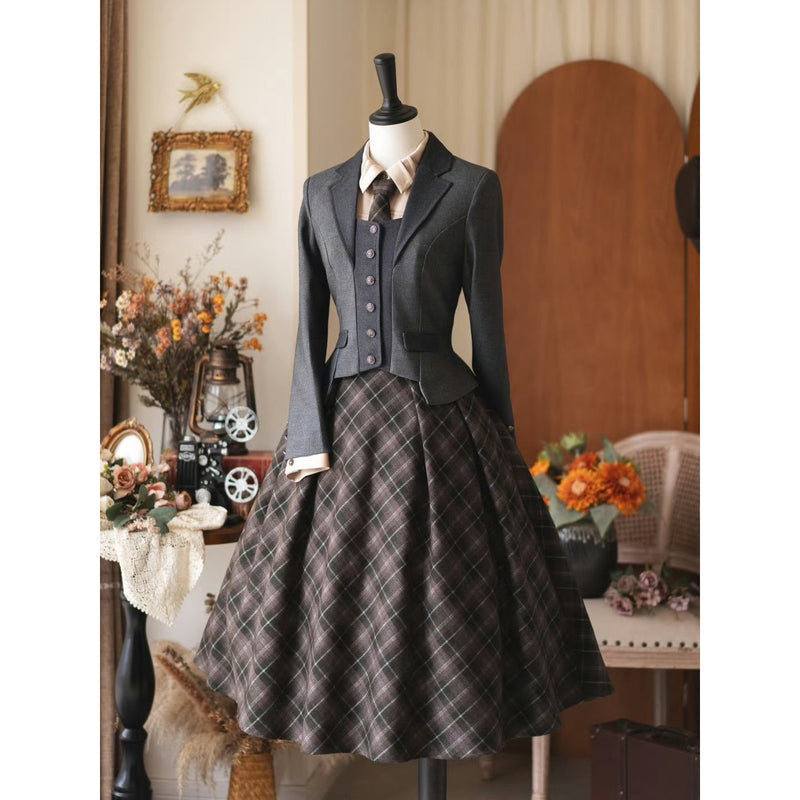 英国のお嬢様のクラシカルジャンパースカート - Olive Gray Checked[2025年12月中旬発送予定]