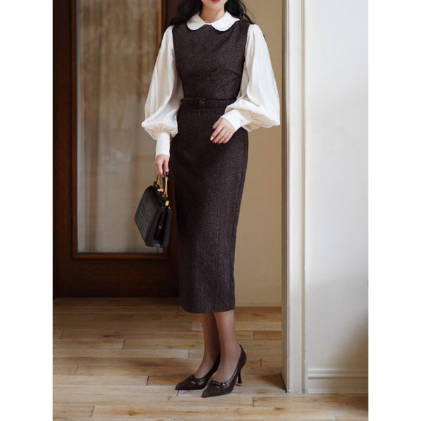 焦茶色の貴婦人ツイードワンピース
