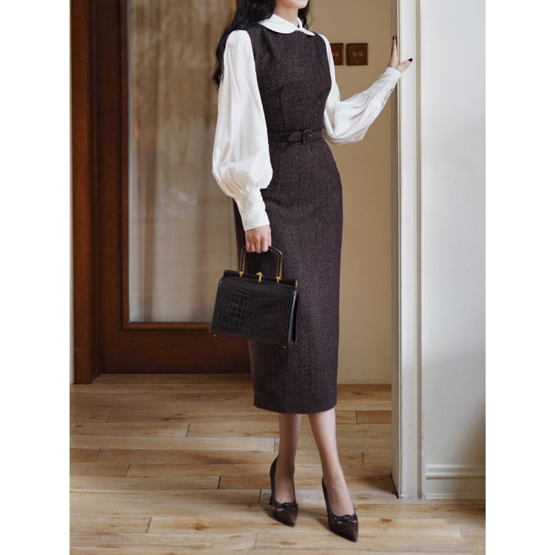 焦茶色の貴婦人ツイードワンピース