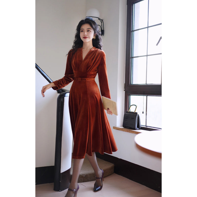 赤銅色の貴婦人ベルベットワンピース