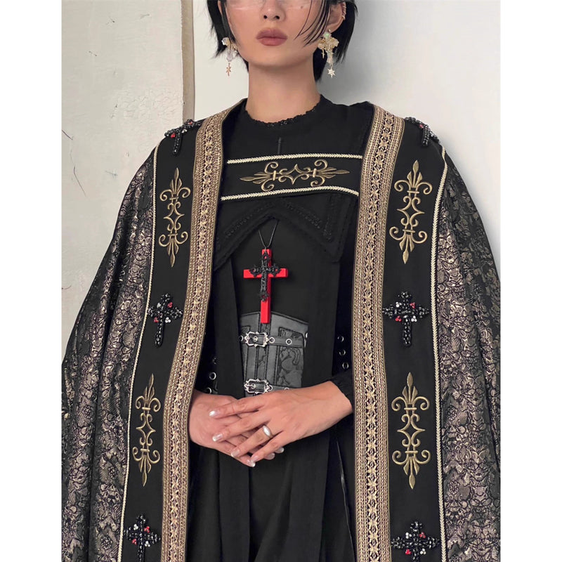 月夜の修道女の刺繍ロングマント - Black Gold[2025年12月上旬-2026年1月上旬発送予定]