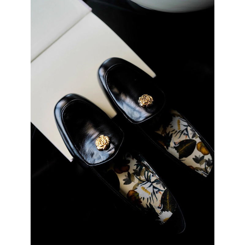 Camellia Leather Loafer Shoes - Black
