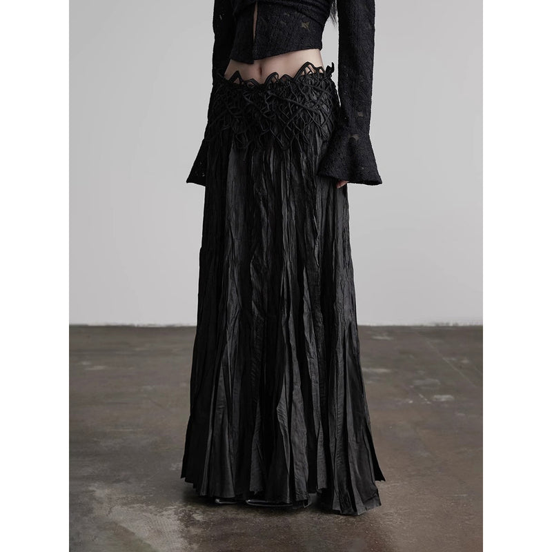Black Embroidered Pleated Long Skirt