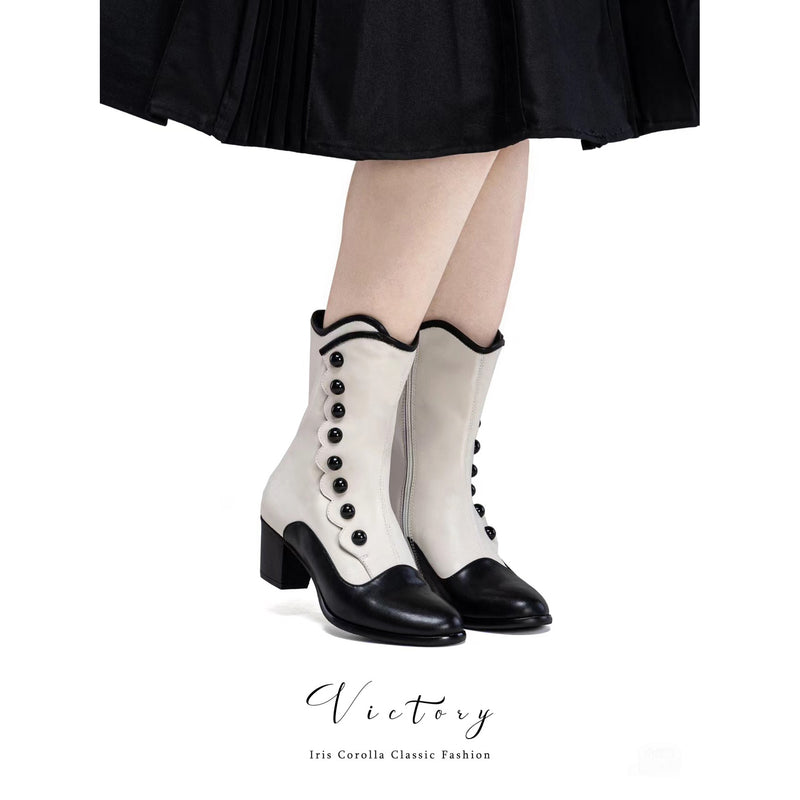 Victorian Round Toe Buttoned Short Boots - Black Ivory[2025年11月上旬-11月下旬発送予定]