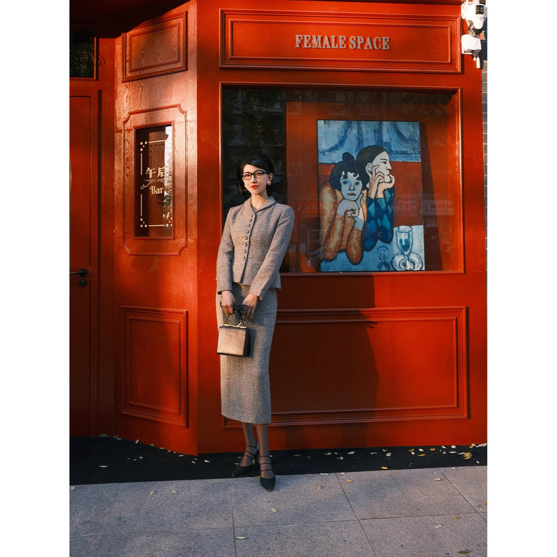 銀幕の貴婦人のツイードジャケットとペンシルスカート - Dark Gray