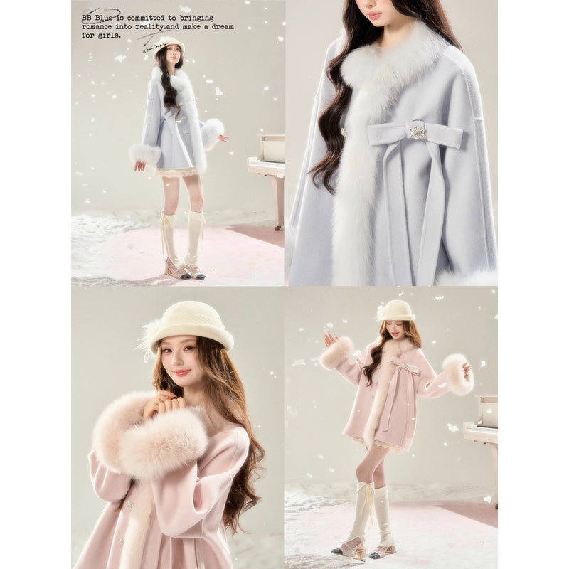 Romantic Ribbon Fur Wool Coat