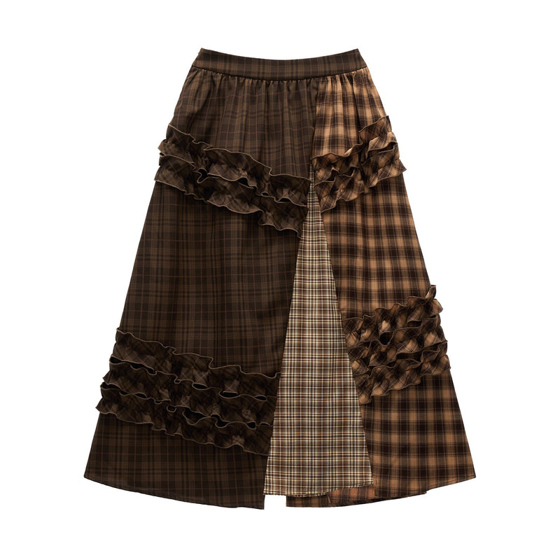 Brown Check Layered Long Skirt