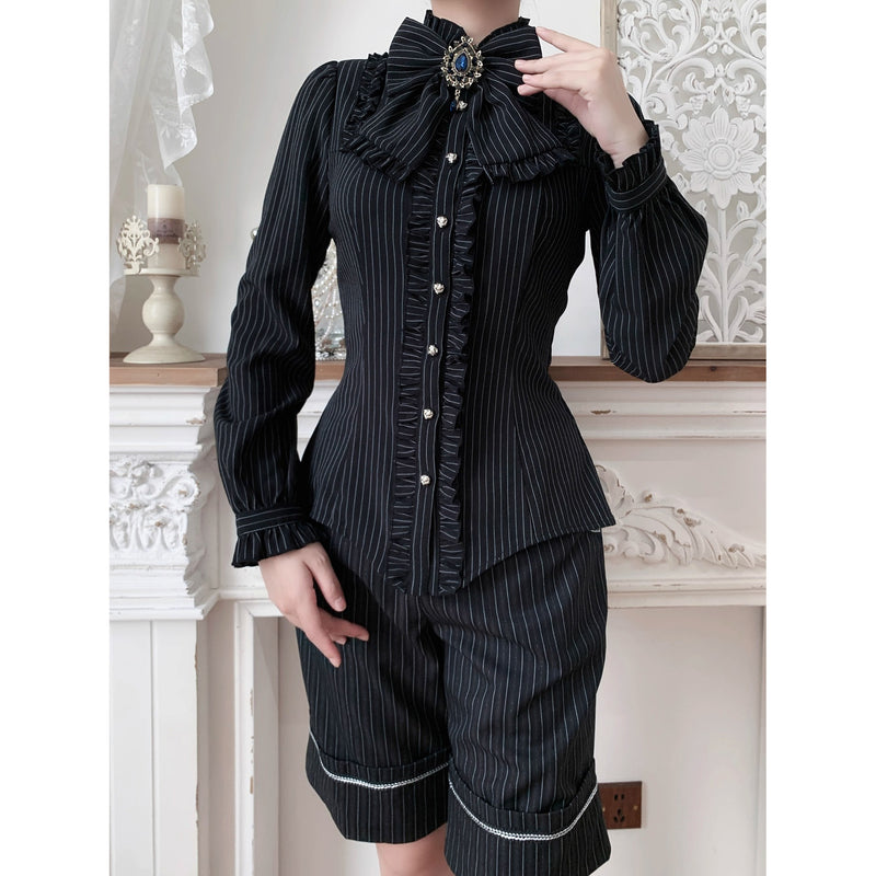 西洋令嬢の縦縞クラシカルブラウス - Black[2026年1月上旬-1月下旬発送予定]