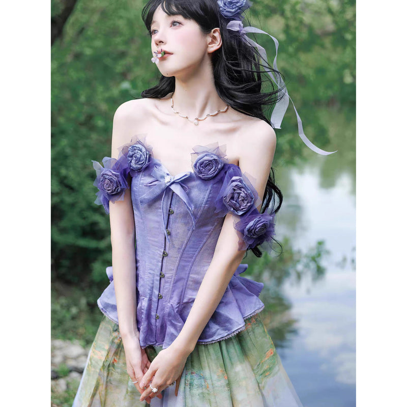 睡蓮の池の油彩画ビスチェとスカート - Ver2