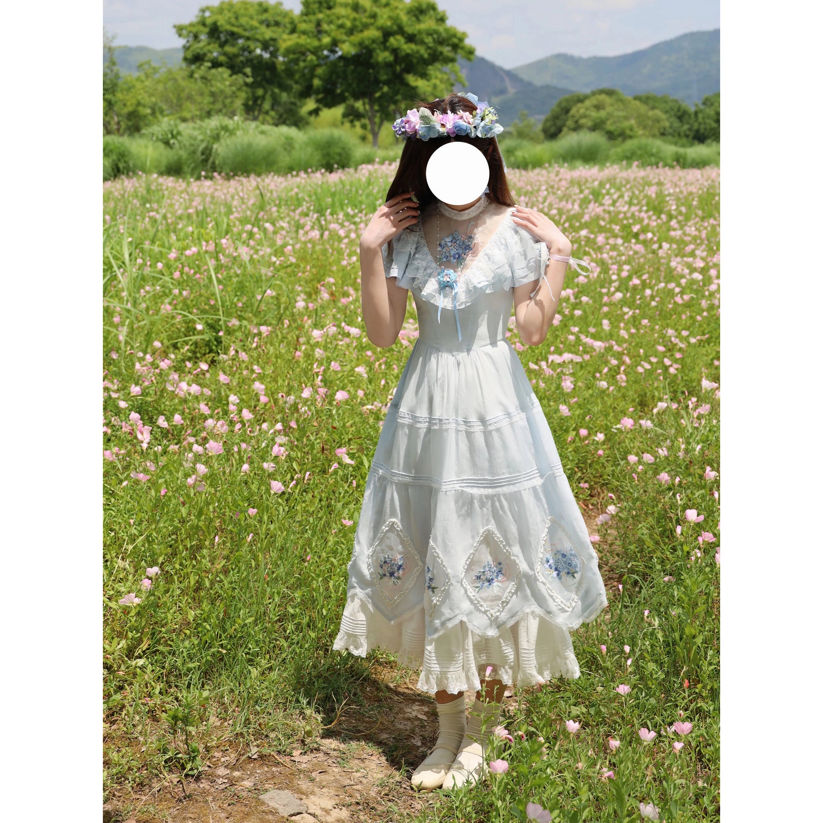 【ミナペルホネン】美品 piha ワンピース 花柄刺繍 カットワーク フリル袖 紫陽花の花の刺繍フリルワンピース – ManusMachina