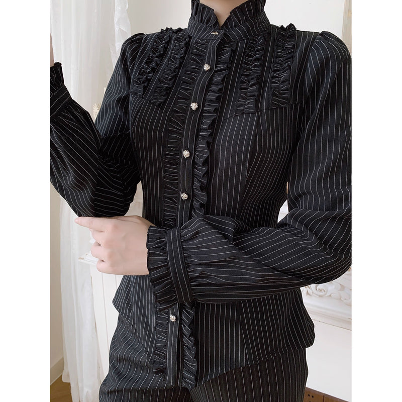 西洋令嬢の縦縞クラシカルブラウス - Black[2026年1月上旬-1月下旬発送予定]