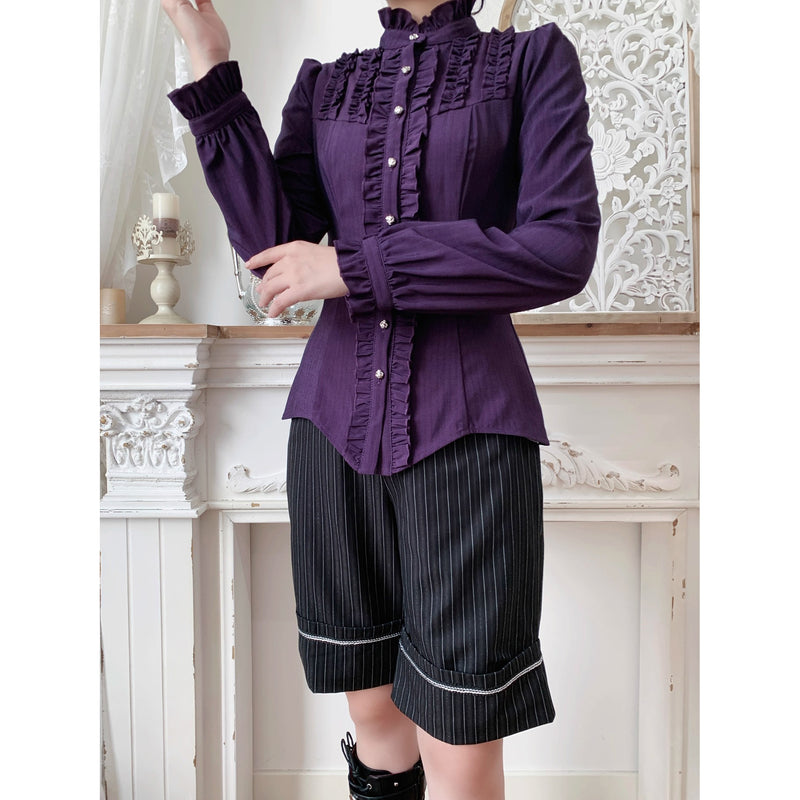 西洋令嬢の縦縞クラシカルブラウス - Purple[2026年1月上旬-1月下旬発送予定]