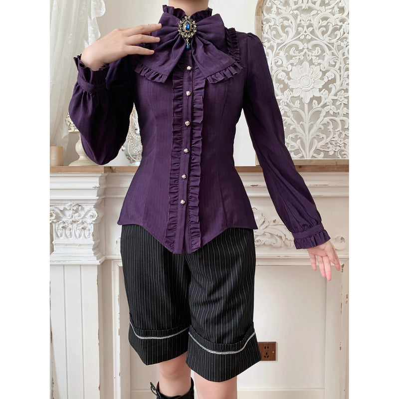 西洋令嬢の縦縞クラシカルブラウス - Purple[2026年1月上旬-1月下旬発送予定]