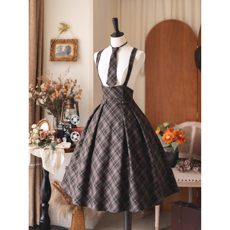 英国のお嬢様のクラシカルジャンパースカート - Olive Gray Checked[2025年12月中旬発送予定]
