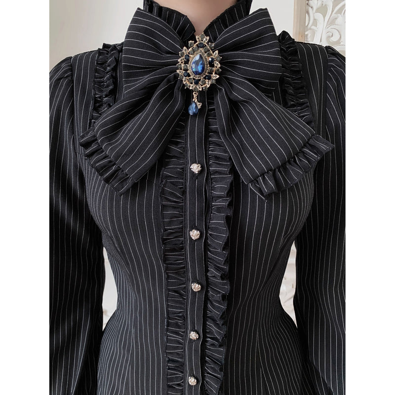 西洋令嬢の縦縞クラシカルブラウス - Black[2026年1月上旬-1月下旬発送予定]