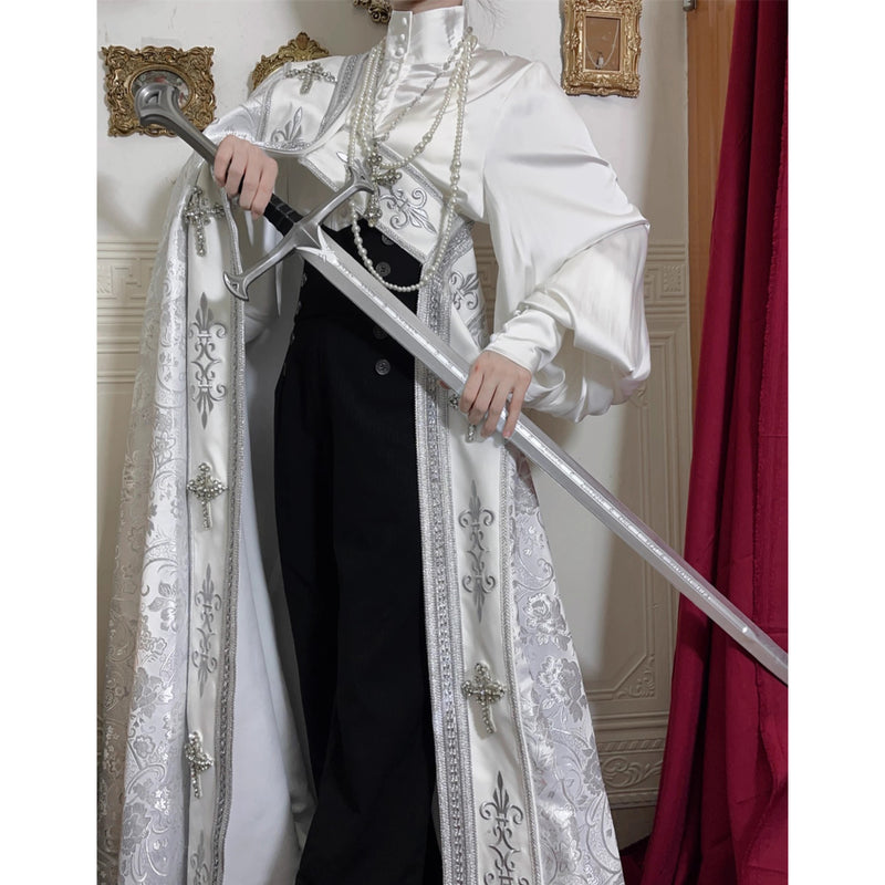 月夜の修道女の刺繍ロングマント - White Silver[2025年12月上旬-2026年1月上旬発送予定]