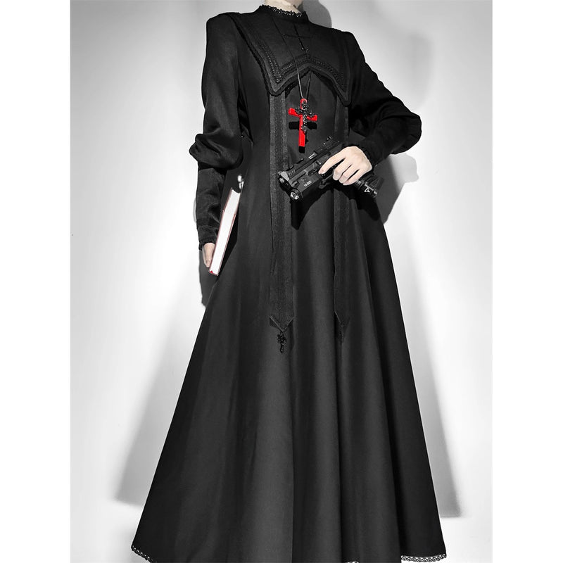 月夜の修道女の刺繍ワンピース - Black（レッグオブマトンスリーブ）[2025年12月上旬-2026年1月上旬発送予定]