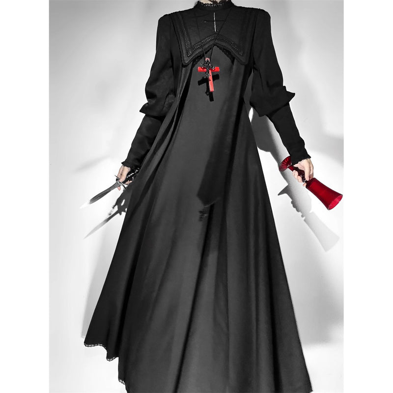 月夜の修道女の刺繍ワンピース - Black（レッグオブマトンスリーブ）[2025年12月上旬-2026年1月上旬発送予定]