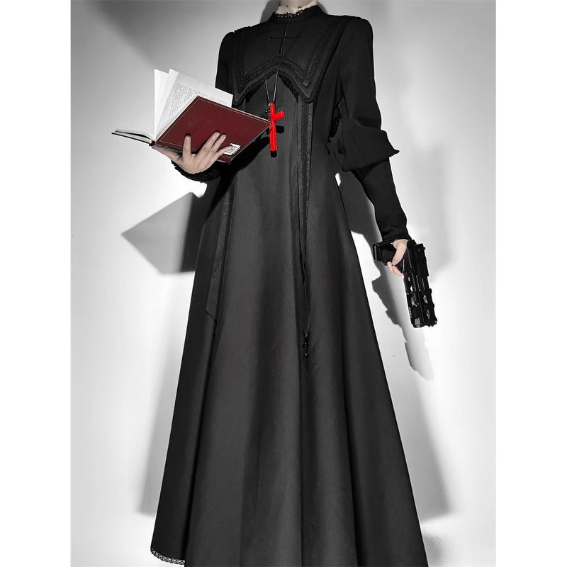 月夜の修道女の刺繍ワンピース - Black（レッグオブマトンスリーブ）[2025年12月上旬-2026年1月上旬発送予定]