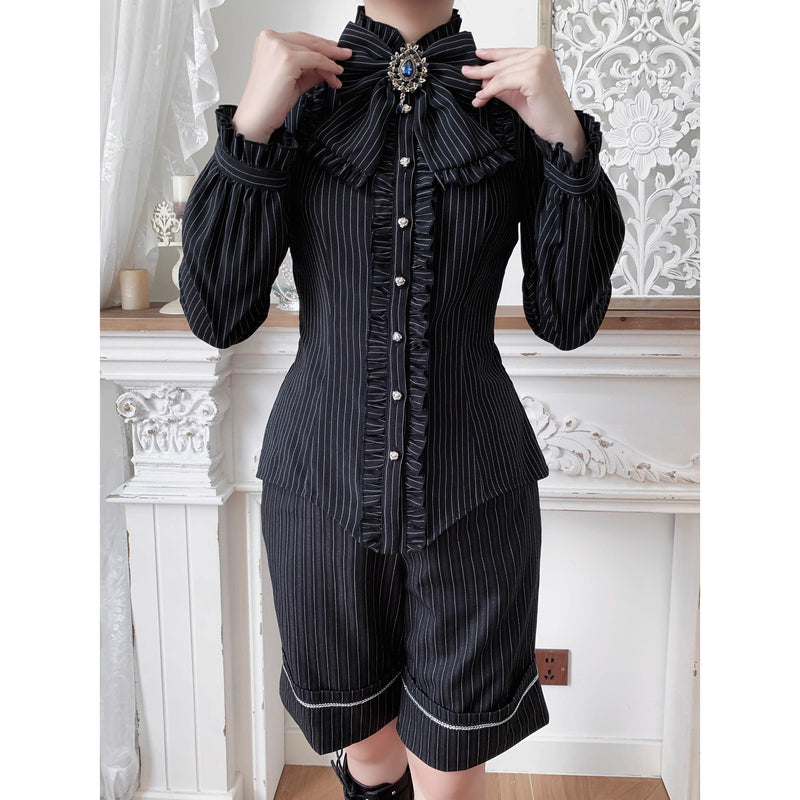 西洋令嬢の縦縞クラシカルブラウス - Black[2026年1月上旬-1月下旬発送予定]