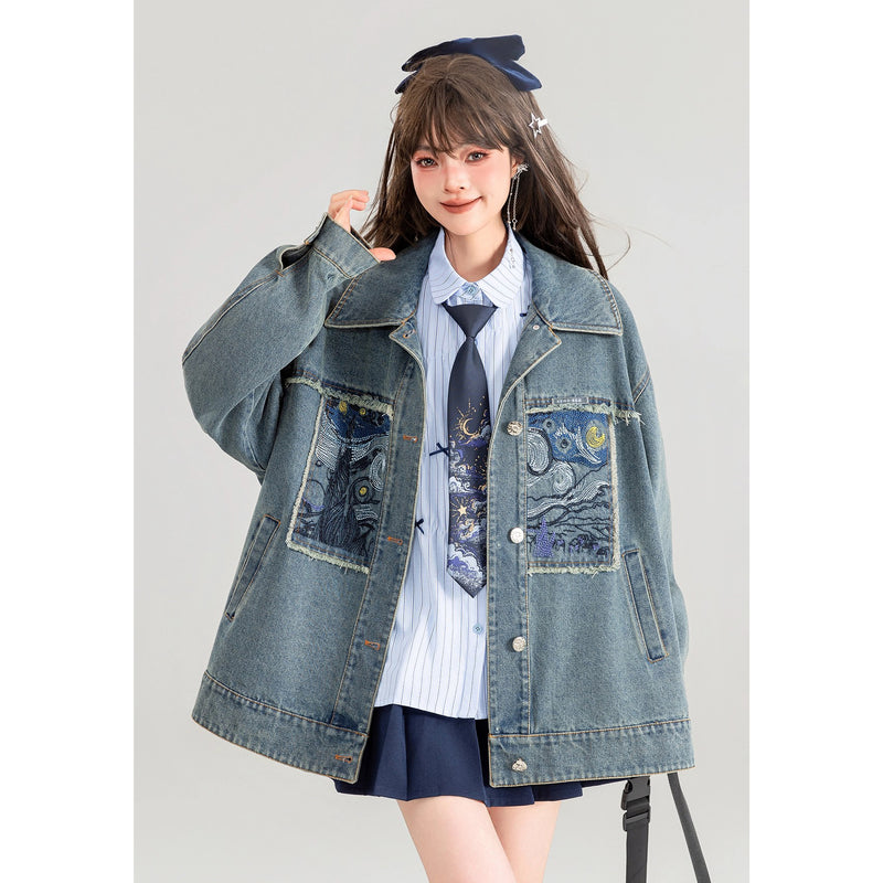 星月夜の刺繍デニムジャケット