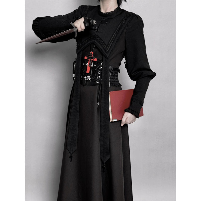 月夜の修道女の刺繍ワンピース - Black（レッグオブマトンスリーブ）[2025年12月上旬-2026年1月上旬発送予定]