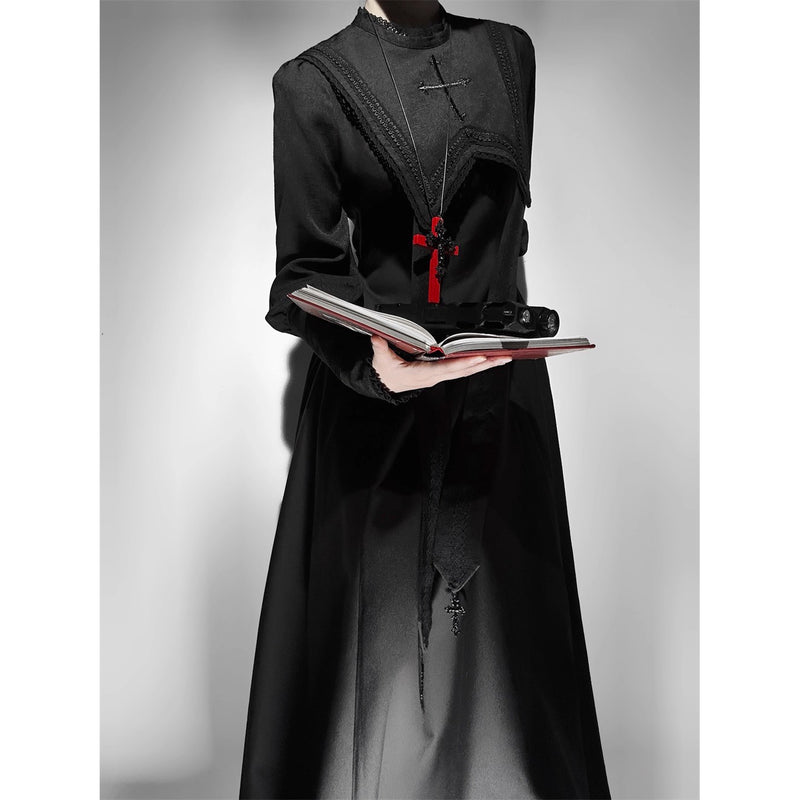 月夜の修道女の刺繍ワンピース - Black（レッグオブマトンスリーブ）[2025年12月上旬-2026年1月上旬発送予定]