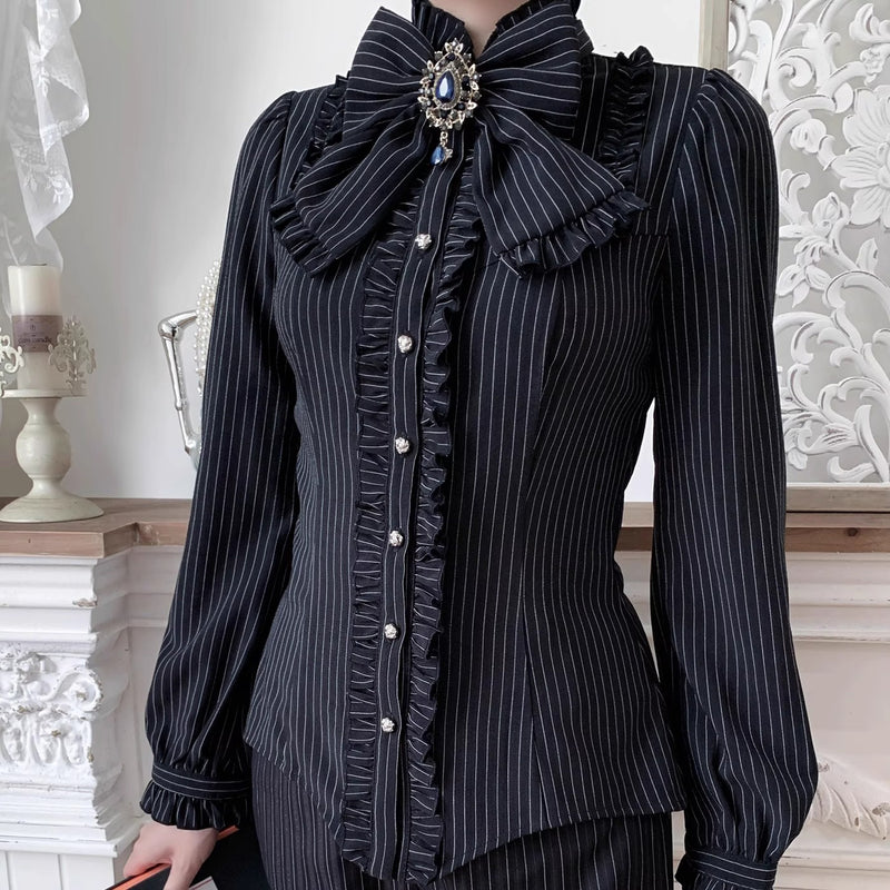 西洋令嬢の縦縞クラシカルブラウス - Black[2026年1月上旬-1月下旬発送予定]