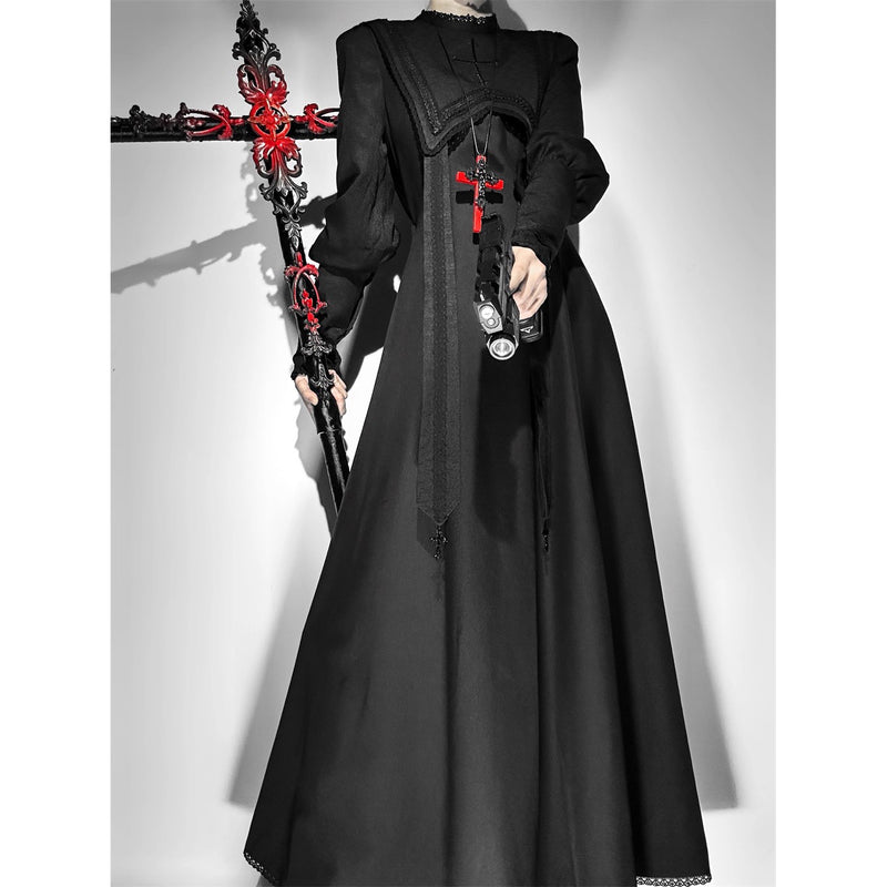 月夜の修道女の刺繍ワンピース - Black（レッグオブマトンスリーブ）[2025年12月上旬-2026年1月上旬発送予定]