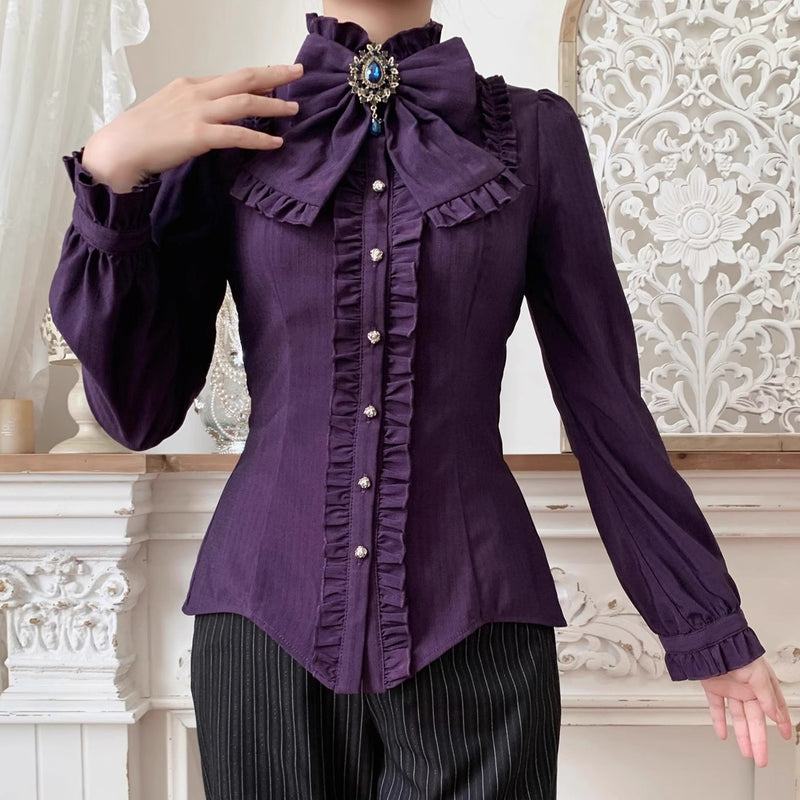 西洋令嬢の縦縞クラシカルブラウス - Purple[2026年1月上旬-1月下旬発送予定]