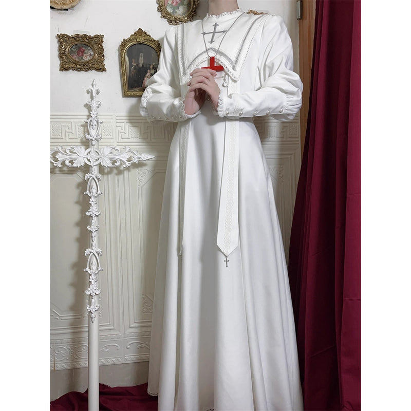 月夜の修道女の刺繍ワンピース - White（レッグオブマトンスリーブ）[2025年12月上旬-2026年1月上旬発送予定]