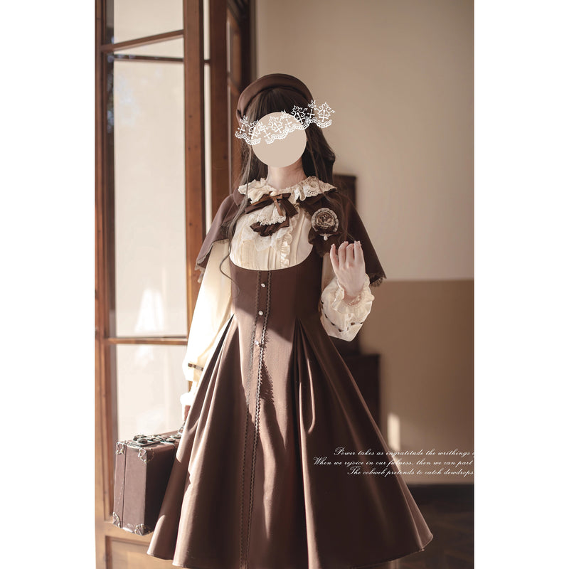 英国令嬢のクラシカルドッキングワンピースとケープ - Brown