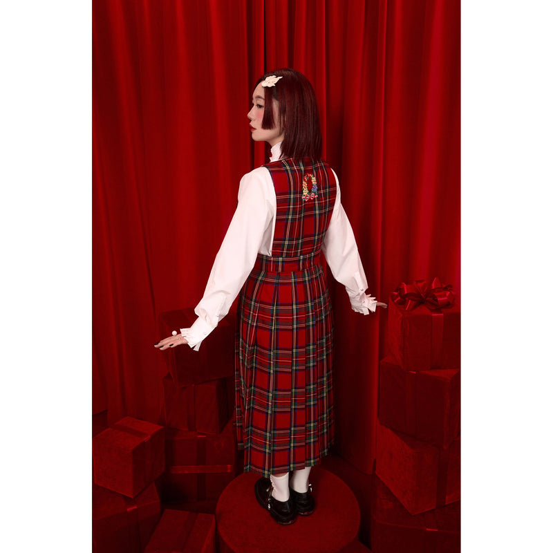 花束刺繍の格子柄ジャンパースカート