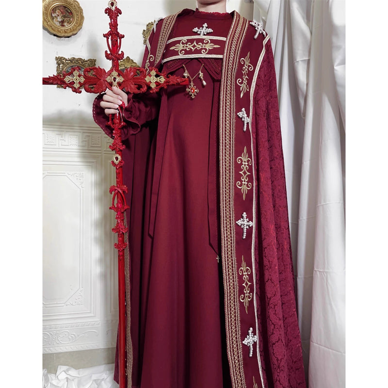月夜の修道女の刺繍ワンピース - Wine Red（シャーリングスリーブ）[2025年12月上旬-2026年1月上旬発送予定]