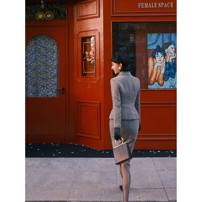 銀幕の貴婦人のツイードジャケットとペンシルスカート - Dark Gray