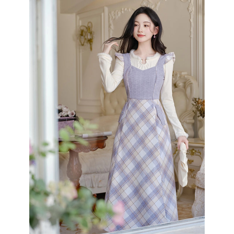 Light Purple Plaid Jumper Skirt and Knit Top