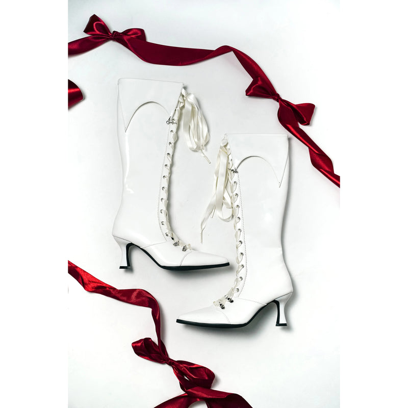 貴族令嬢の編み上げゴシックロングブーツ - White[2026年3月上旬-3月下旬発送予定]