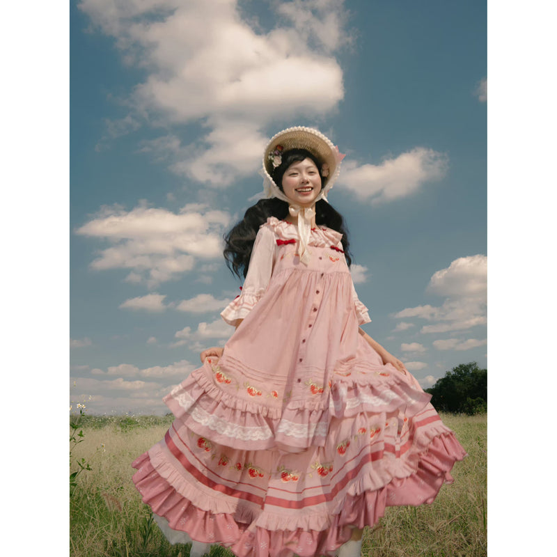 いちご摘みの刺繍トップスとスカートとブラウス - Pink[2026年2月上旬-3月上旬発送予定]